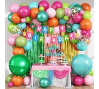 Hawaiian Tropical Birthday Party Decorations, Summer Luau Party Decoration Flamingo Birthday Banner Hot Pink Orange Teal Blue Green Metallic Balloons Cake Topper for Beach Baby Shower Aloha Supplies