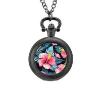Hawaiian Tropical Flower Vintage Pocket Watch Alloy Pendant Watches Necklace Gift for Men Women Black-Style