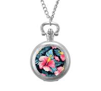 Hawaiian Tropical Flower Vintage Pocket Watch Alloy Pendant Watches Necklace Gift for Men Women Silver-Style