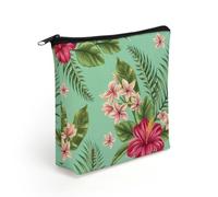 Hawaiian Tropical Leaves Flowers Linen Cosmetic Pouch with Secure Zipper, Lightweight Washable Multi Purpose Toiletry Storage Bag, Portable Makeup Carry Sack for Holiday Trip Daily Organiser