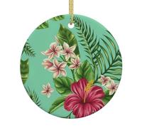 Hawaiian Tropical Leaves Flowers Print Santa Christmas Tree Decorations Xmas Hanging Ornaments Ceramic Round Ornament Keepsake