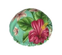 Hawaiian Tropical Leaves Flowers Print Shower Cap - Reusable Bath Hair Cap, Double Layer, Adjustable Elastic Strap, Durable Travel Essential
