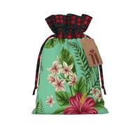 Hawaiian Tropical Leaves Flowers Printed Gift Bags with Drawstring - Christmas Party Holiday Sacks - Festive Pouches for Goodie, Treats