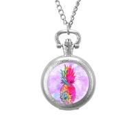 Hawaiian Tropical Neon Pineapple Vintage Pocket Watch Alloy Pendant Watches Necklace Gift for Men Women Silver-Style