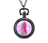 Hawaiian Tropical Neon Pineapple Vintage Pocket Watch Alloy Pendant Watches Necklace Gift for Men Women Black-Style