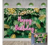 Hawaiian Tropical Palm Leaves Happy Birthday Backdrop 6x4FT Summer Aloha Luau Party Background Jungle Greenery Leaf Pink Neon Adult Kids Spring Summer Birthday Decorations Banner (72x48 inch)