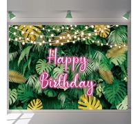 Hawaiian Tropical Palm Leaves Happy Birthday Backdrop Summer Aloha Luau Party Background Jungle Greenery Leaf Pink Neon Adult Kids Spring Summer Birthday Decorations Background (8x6FT: 96x72 inch)