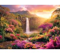 Hawaiian Waterfall Puzzles for Adults 1000 Pieces, Impossible Hard Difficult Challenging Puzzles for Adults, Colorful Tropical Flowers and Peaceful Waterfall Sunset - Jigsaw Puzzle 1000 Piece 20x27