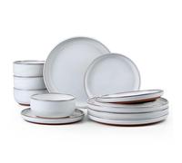 HaWare 12 Piece Dinner Set, Stoneware Dinnerware Set for 4, Reactive Glaze Dining Ware Plates and Bowls Set with Rustic Terracotta Base, Scratch Resistant, Microwave & Dishwasher Safe, Glacier White