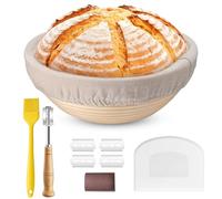 HaWare 23 cm Round Proofing Basket, Rattan Bread Set with Baker's Knife, Dough Scraper and Pastry Brush, Sourdough Bread Basket, Brown