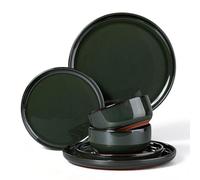 HaWare 6 Piece Dinner Set, Stoneware Dinnerware Set for 2, Reactive Glaze Dining Ware Plates and Bowls Set with Rustic Terracotta Base, Scratch Resistant, Microwave & Dishwasher Safe, Blackish Green