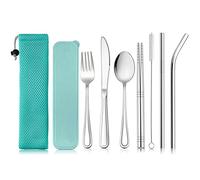 Haware 9 Piece Individual Cutlery Set, Stainless Steel Portable Flatware for 1, Including Knife, Fork, Spoon, Chopsticks, Cleaning Brush, Straws, Case & Bag, Portable & Reusable (Green)