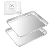 HaWare Baking Tray, Set of 2 with 50 Sheets of Baking Paper, Stainless Steel Grease Pan, Oven, 40x30x2.5 cm, Rectangular Oven Tray, Cake Tray for Baking/Cooking, Non-Toxic & Healthy, Dishwasher Safe