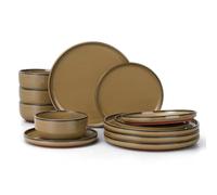 HaWare Camel Brown Dinner Set, 12 Piece Stoneware Dinnerware Service for 4, Reactive Glaze Plates and Bowls Set with Rustic Terracotta Base, Chip and Scratch Resistant, Microwave & Dishwasher Safe
