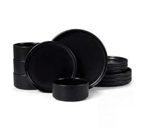 HaWare Dinner Set, 12 PCS Stoneware Plates and Bowls Set, Matte Black