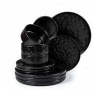 HaWare Dinner Set, 12 Piece Dinnerware Plates and Bowls, Matte Black | Elegant Stoneware, Wavy Ripple Surface, Service for 4, Chip and Scratch Resistant, Microwave & Dishwasher Safe