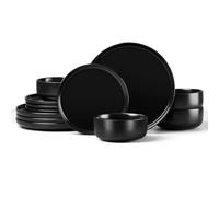 HaWare Dinner Set, 12 Piece Stoneware Dinnerware Service for 4, Elegant Matte Glaze Dining Ware Include Plates and Bowls, Chip and Scratch Resistant, Microwave & Dishwasher Safe, Matte Black