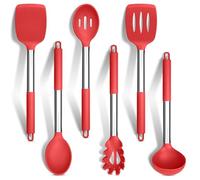 HaWare Kitchen Utensils Set, 6 Pcs Silicone Cooking Utensils Include Ladle Turner Spoon Pasta Server, Heat Resistant Kitchen Tools with Stainless Steel Handle, Non-Stick Cookware Friendly - Red