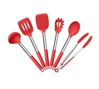 HaWare Kitchen Utensils Set, 6 Pcs Silicone Cooking Utensils Set with Stainless Steel Handle, Non-Stick Cooking Tools Turner Spatula Spoon Tong, Heat Resistant & Non-Scratch, Dishwasher Safe-Red
