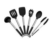 HaWare Kitchen Utensils Set, 6 Pcs Silicone Cooking Utensils Set with Stainless Steel Handle, Non-Stick Cooking Tools Turner Spatula Spoon Tong, Heat Resistant & Non-Scratch, Dishwasher Safe-Black