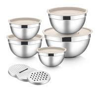 HaWare Mixing Bowls Set of 5, Stainless Steel Nesting Salad Bowl with Airtight Lids & 3 Grates, Idea for Baking/Prepping/Serving/Food Storage, Dishwasher Safe- 0.7/1/1.5/2.6/4.6L, Khaki