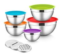 HaWare Mixing Bowls Set of 5, Stainless Steel Salad Nesting Bowl for Baking/Prepping/Serving/Food Storage, 3 Grater Attachments & Airtight Lids, Dishwasher Safe- 0.7/1/1.5/2.6/4.6L, Multicolor