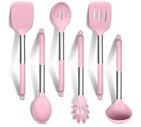 HaWare Pink Kitchen Utensils Set, 6 Pcs Silicone Cooking Utensils with Stainless Steel Handle, Heat Resistant Kitchen Tools for Non-Stick Cookware, Ladle Turner Spoon Pasta Server, Dishwasher Safe