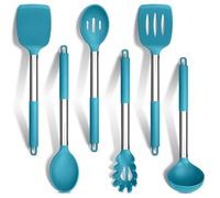 HaWare Silicone Kitchen Utensils Set, 6 Pcs Cooking Utensils with Stainless Steel Handle, Heat Resistant Kitchen Tools for Non-Stick Cookware, Ladle Turner Spoon Pasta Server, Dishwasher Safe-Blue