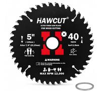 HAWCUT 125mm/5 Inch 40T TCT Circular Saw Blade for Wood, 1 Pack | 40T fine-tooth blade for smoother crosscuts and a finer finish; YG6 carbide tips, 22.23mm bore and 20mm reducing ring.