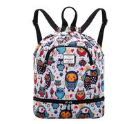 HAWEE Dry Wet Drawstring Backpack with Shoe Compartment for Women and Men Waterproof Yoga String Bag Outdoor Sports Rucksack for Gym/Beach/Swim Pool, Owl White