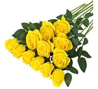 Hawesome 12PCS Artificial Roses Fake Flowers Single Long Stem Blooms with Rose Buds Wedding Decoration Bridal Bouquet Decorative Flower Arrangement Home Decoration Party Centerpieces in Yellow
