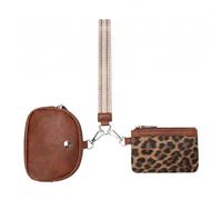 HAWILAND PU Leather Keychain Wallet, Dual Pouch Wristlet for Women, Portable Small Zip Around Coin Purse Pouch, Leopard Print Brown