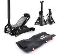 Hawk 3.0 Tonne Hydraulic Trolley Car Jack 2x Axle Stand Car Creeper Kit | Stand: Height 282-424 mm | Jack: Height 80-520 mm, Item Weight 44 kg, Lift Limit 3,000 kg | Creeper: Length 36", Weight 4 kg