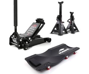 Hawk 3.0 Tonne Hydraulic Trolley Car Jack 2x Axle Stand Car Creeper Kit | Stand: Height 282-424 mm | Jack: Height 80-520 mm, Item Weight 44 kg, Lift Limit 3,000 kg | Creeper: Length 36", Weight 4 kg