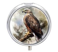 Hawk Sitting in The Tree Pill Box 3 Compartment Small Pill Case for Purse Or Pocket Mini Metal Pillcase Medicine Organizer, Round Daily Medicine Container to Hold Vitamins, Fish Oil