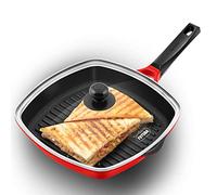HAWKINS 30 cm Grill Pan, Non Stick Die Cast Grilling Pan with Glass Lid, Square Grill Pan for Gas Stove, Ceramic Coated Pan, Roast Pan (DCGP30G) (Red)