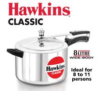 Hawkins Classic 8 Litre Aluminium Inner Lid Pressure Cooker, Wide Design Pan Cooker, Big Cooker, Silver (CL8W)