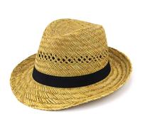 Hawkins Hats Straw Trilby Sun hat with Black Band Detail.