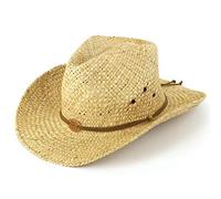 HAWKINS Straw Cowboy Hat with Leather Band and Three Horses Badge Natural