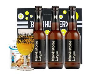 Hawkstone Lager Gift Set with Beerhunter Glass & Mr Filbert's Snacks | Premium Beer Gift Set for Men, Dad, Birthdays, Father's Day & Christmas
