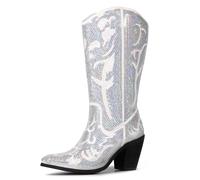 Hawkwell Womens Sequin Western Cowboy Boots Mid-Calf High Fashion Pull On Zipper Pointed Toe Embroidered High Cowgirl Boots, White Sequins, 6 UK