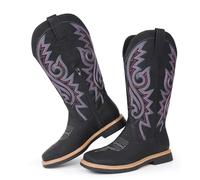 Hawkwell Womens Square Toe Side Zip Embroidered Low Heel Western Mid Calf Cowboy Boots, black, 4 UK