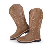 Hawkwell Womens Square Toe Side Zip Embroidered Low Heel Western Mid Calf Cowboy Boots, brown, 6 UK