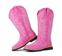 Hawkwell Womens Square Toe Side Zip Embroidered Low Heel Western Mid Calf Cowboy Boots, fuchsia, 6 UK