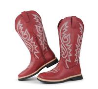 Hawkwell Womens Square Toe Side Zip Embroidered Low Heel Western Mid Calf Cowboy Boots, red, 5 UK