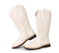 Hawkwell Womens Square Toe Side Zip Embroidered Low Heel Western Mid Calf Cowboy Boots, White, 8 UK