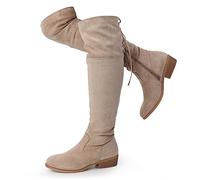 Hawkwell Women's Thigh High Fashion Boots Over The Knee Khaki Low Flat Heel Boots,Khaki Faux Suede,6 M UK