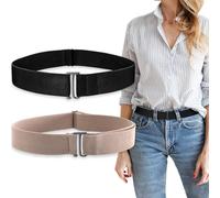 HAWOWZ 2Pcs No Show Stretch Belt for Women Invisible Elastic Belt Stretch, Adjustable Strap Belt with Flat Buckle for Jeans Pants Dresses, Black and Khaki, Standard