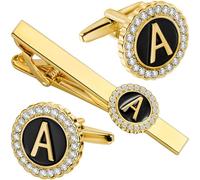 HAWSON 18K Gold Tie Clip and Cufflinks for Men, 2.2in Necktie Bar & Mens Cuff Links with Personalized Engraved A-Z Letter and Clear Crystal, M, Brass, No Gemstone