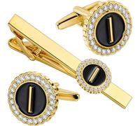 HAWSON 18K Gold Tie Clip and Cufflinks for Men, 2.2in Necktie Bar & Mens Cuff Links with Personalized Engraved A-Z Letter and Clear Crystal, M, Brass, No Gemstone